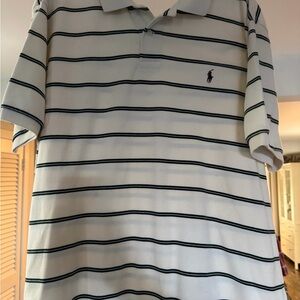 Ralph Lauren Men's Cream/Forest Green Striped Polo Shirt w/ Burgundy Polo